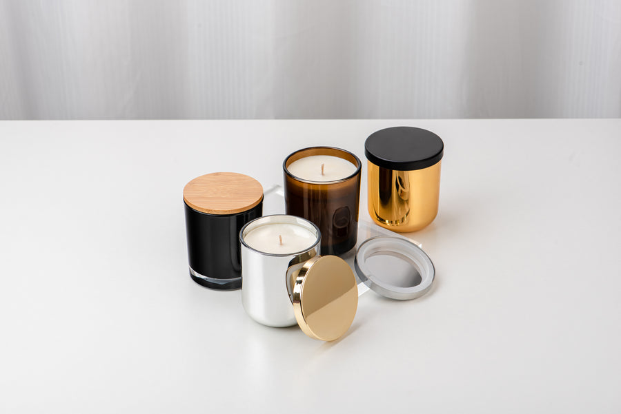 8oz Classic candle lids in matte black, gold, silver metal, and natural bamboo finishes – Aroma Crafters