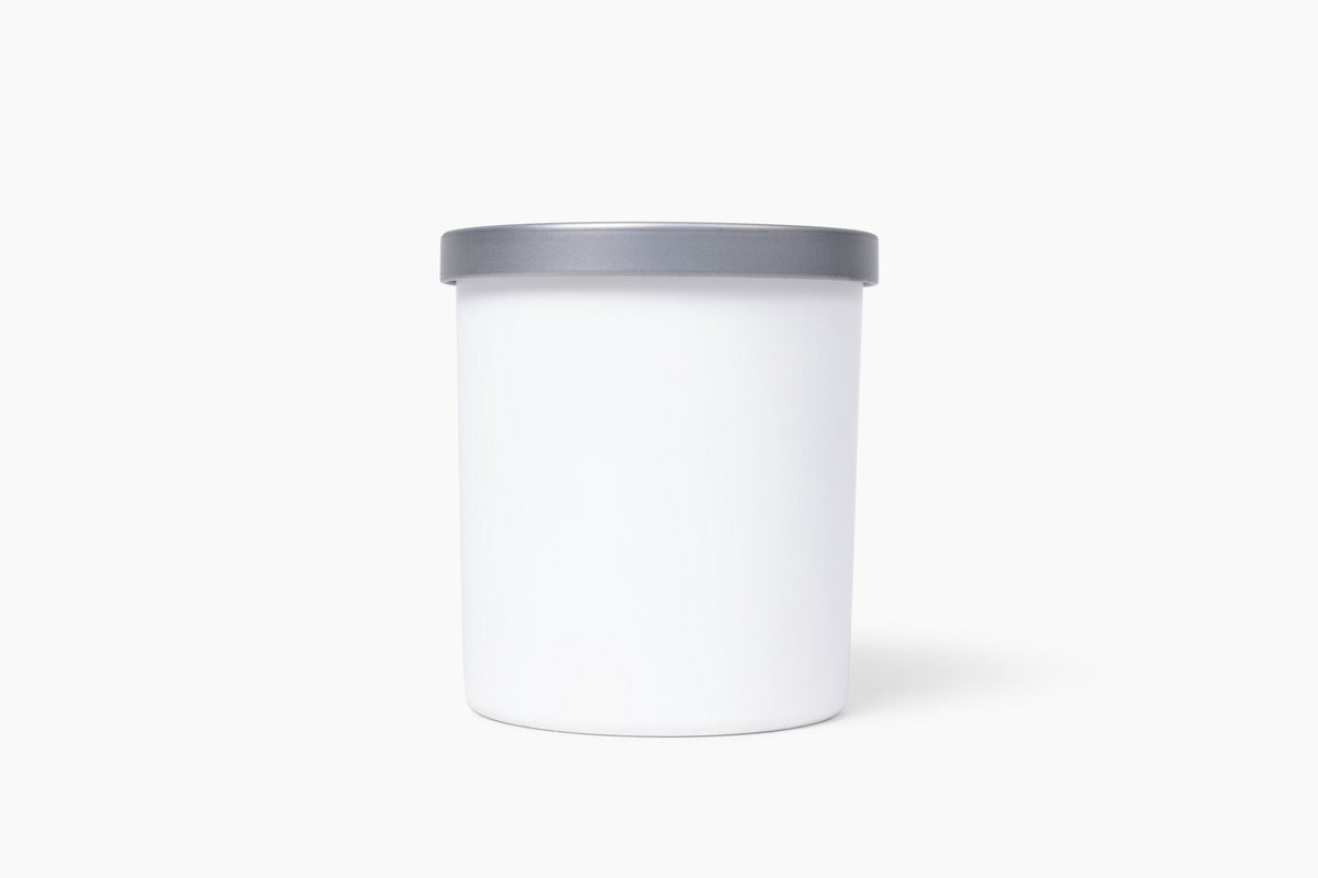 Aroma Crafters 8oz Classic custom candle in a matte white vessel with brushed silver lid, white background