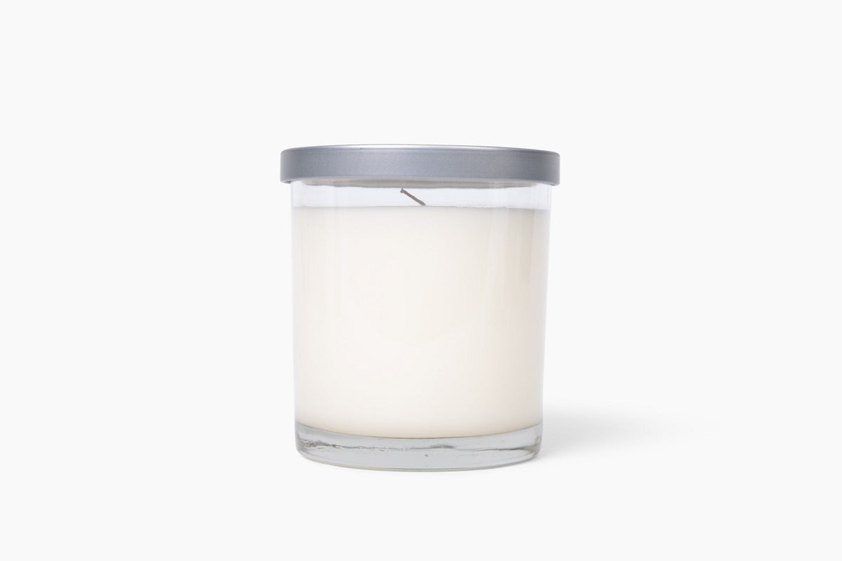 Aroma Crafters 8oz Classic custom candle in clear glass with brushed silver lid, white background