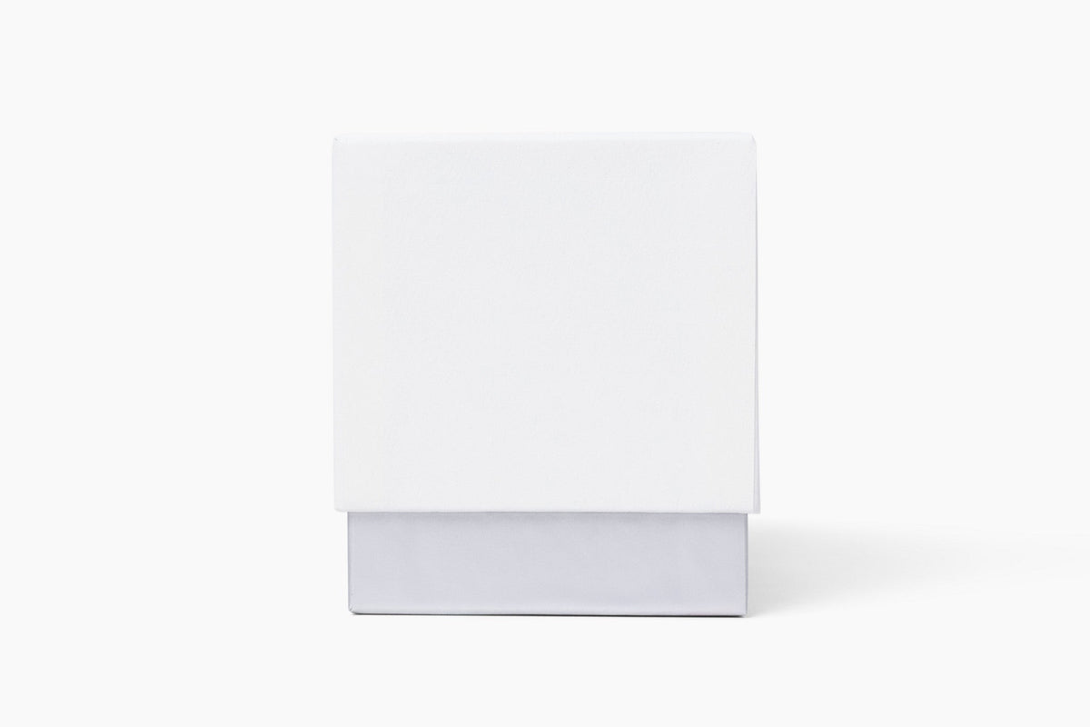 Aroma Crafters white gift box for the 8oz Classic custom candle, front view