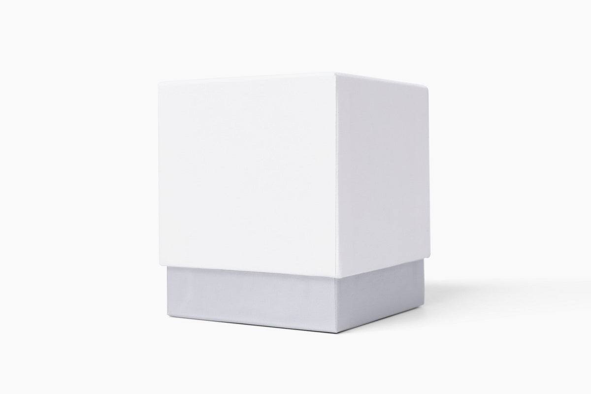 Aroma Crafters white gift box for the 8oz Classic custom candle, three-quarter view