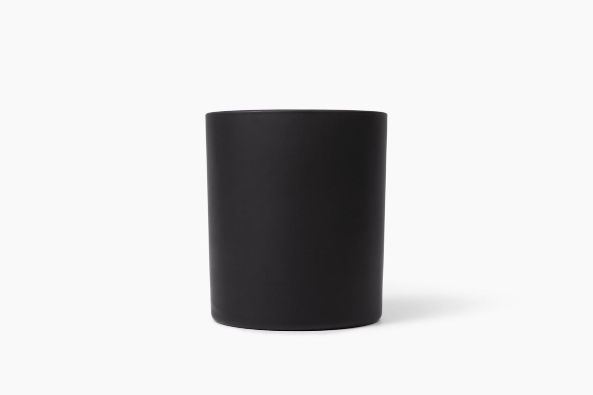 Aroma Crafters 8oz matte black glass candle jar, empty, white background