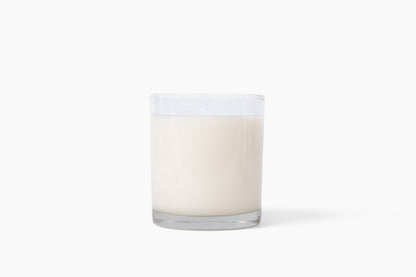 Aroma Crafters 8oz Classic custom candle in clear glass with the lid removed, showing the natural soy wax fill